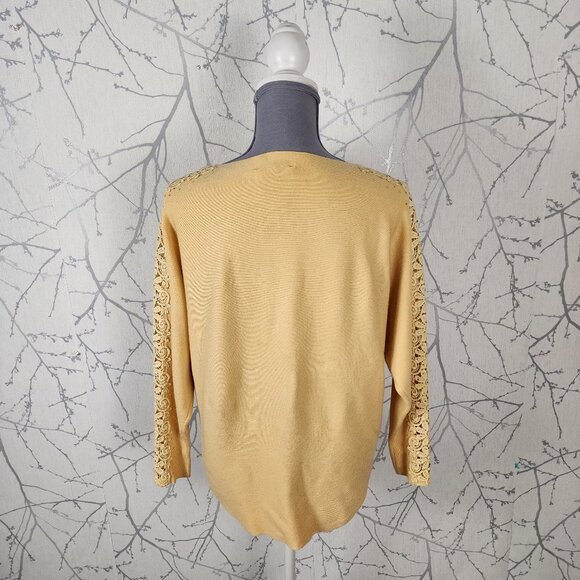Liv Milano Yellow Knit Lace Stripe Dolman Sleeve Round Neck Top - Picture 5 of 7